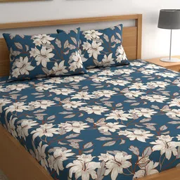 CHHAVI INDIA 210 TC Blue & White Floral Queen Bedsheet with 2 Pillow Covers-image-79