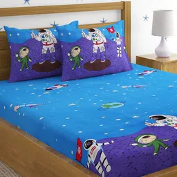 HOSTA HOMES Blue & White Graphic 220 TC Queen Bedsheet with 2 Pillow Covers-46