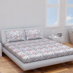 Himeya Rust & Blue Printed Cotton 120 TC Queen Bedsheet with 2 Pillow Covers-2