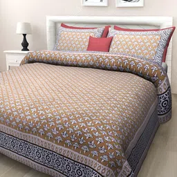 Texstylers Gold-Toned & Blue Floral Cotton 144 TC Queen Bedsheet with 2 Pillow Covers-image-1