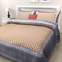 Texstylers White & Brown Floral Printed Cotton 144 TC Queen Bedsheet With 2 Pillow Covers-image-94