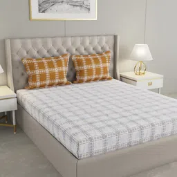 Raymond Home White & Yellow Geometric Cotton 144 TC Queen Bedsheet With 2 Pillow Covers-image-64