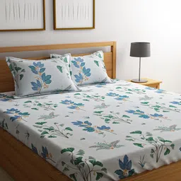 RAGO White & Blue Floral 210 TC Cotton 1 Queen Bedsheet with 2 Pillow Covers-image-79