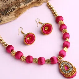 AKSHARA Gold-Plated & Pink Stones-Studded & Beaded Wooden Balls Silk Thread Jewellery Set-image-93