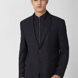 Van Heusen Men Navy Blue Checked Single-Breasted Slim Fit Formal Blazer-picture-19