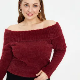 Trendyol Off-Shoulder Self Design Fuzzy Pullover Sweater-picture-0