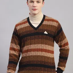 Monte Carlo Self Design V-Neck Long Sleeves Woollen Pullover-image-12