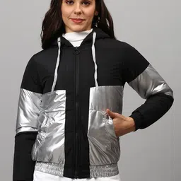 Campus Sutra Women Black Silver-Toned Colourblocked Windcheater Longline Outdoor Padded Jacket-image-69