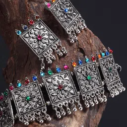 Arrabi Oxidised Silver-Toned & Pink Stone-Studded Ghungaroo Jewellery Set-picture-20