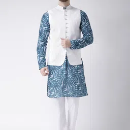 hangup plus Men Floral Printed Pure Cotton Kurta with Pyjamas & Nehru Jacket-picture-31