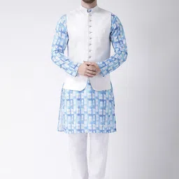 hangup plus Men Mandarin Collar Printed Pure Cotton Kurta with Pyjamas With Nehru Jacket-picture-12