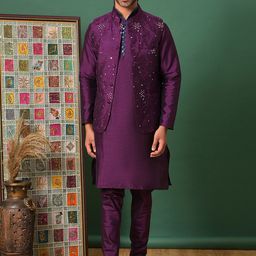 Hangup Men Pure Cotton Mandarin Collar Kurta With Pyjamas & Nehru Jacket-24