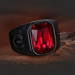 Yellow Chimes Black & Red Stainless Steel Geometric Square Stone Finger Ring-33