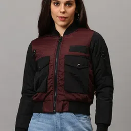Campus Sutra Women Red Black Checked Windcheater Crop Outdoor Bomber Jacket-image-96