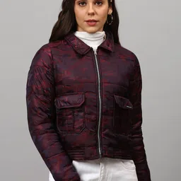 Campus Sutra Women Maroon Camouflage Windcheater Crop Outdoor Tailored Jacket with Embroidered-image-87