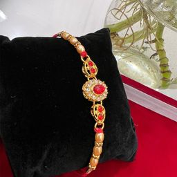 Vembley Red & Gold Toned Kundan Studded Thread Rakhi-image-97