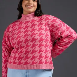 20Dresses Plus Size Pink Geometric Printed Turtle Neck Acrylic Pullover Sweater-image-26