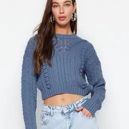 Trendyol Self Design Open Knit Acrylic Crop Pullover-0
