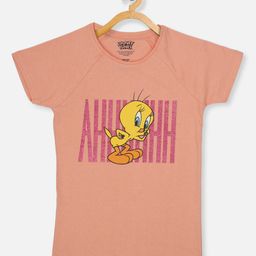 Kids Ville Girls Peach-Coloured Looney Tunes Printed Applique T-shirt-image-18