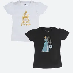 YK Disney Girls White & Black Pack of 2 Typography Printed Pure Cotton T-shirt-image-30