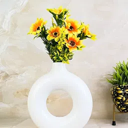 Akaar Decor White & Yellow Sunflower Bunch Artificial Flower with Donut Pot-41