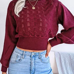 StyleCast Maroon Cable Knit High Neck Open Knit Pullover-image-19