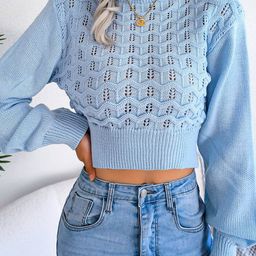 StyleCast Blue Cable Knit Self Design Crop Acrylic Pullover-image-52