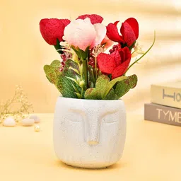 TAYHAA White & Red Rose Plant With Ceramic Pot-0