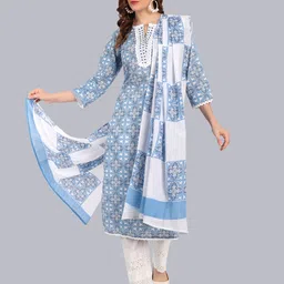 NH KAPDEWALA Women Blue Ethnic Motifs Printed Thread Work Kurta with Trousers & With Dupatta-10