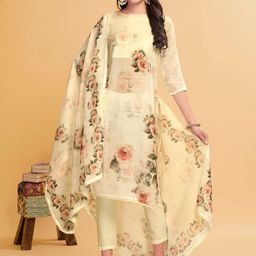 Anouk Floral Printed Regular Linen Kurta with Trousers & Dupatta-image-92