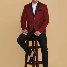 TAHVO Men Maroon & Black Solid Regular Fit Party Blazer-image-12
