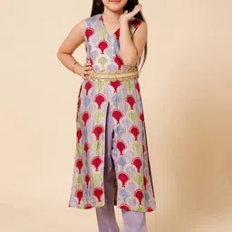 PICCOLO Girls Ethnic Motifs Printed V-Neck Sleeveless Kurta With Trousers And Belt-image-80