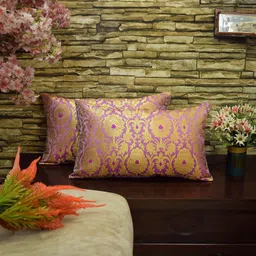 RoyalDeco Mughal Banarasi Lavender 2 Pieces Ethnic Motifs Brocade Rectangle Cushion Covers-17