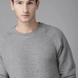 Roadster Men Grey Melange Self Striped Sweatshirt-3