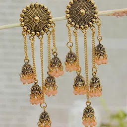 Crunchy Fashion Peach & Gold-Plated Classic Jhumkas Earrings-27