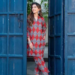 DIMPLE DESIGN STUDIO V-Neck Printed Pure Cotton Top With Trouser-image-25