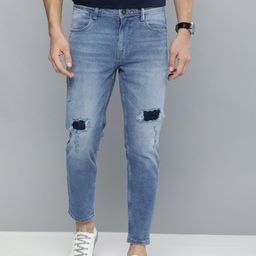 Mast & Harbour Men Blue Carrot Regular Fit Mid-Rise Mildly Distressed Stretchable Jeans-image-28