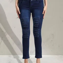 A-Okay Girls Slim Fit Mid-Rise Dark Shade Highly Distressed Stretchable Cropped Jeans-image-65