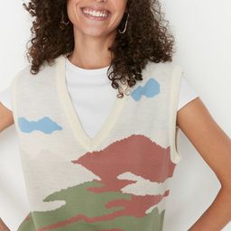 Trendyol Women Cream-Coloured & Peach-Coloured Quirky Sweater Vest-3