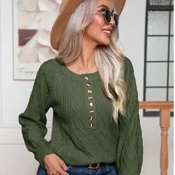 StyleCast Green Cable Knit Self Design Round Neck Acrylic Pullover Sweater-image-25