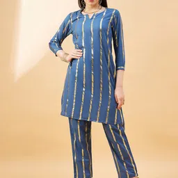 Anouk Blue Striped Round Neck Regular Kurta With Trousers-picture-51