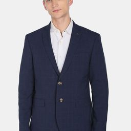 Arrow Men Navy Blue Checked Single-Breasted Formal Blazer-image-97