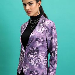 Tokyo Talkies Purple Printed Notched Lapel Collar Single-Breasted Blazer-16