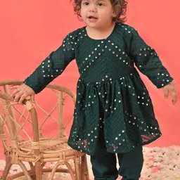 VASTRAMAY Girls Ethnic Motifs Embroidered Mirror Work Kurta With Churidar-image-84