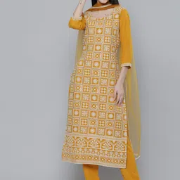 Kvsfab Women Mustard Yellow Ethnic Motifs Embroidered Kurta with Trousers & With Dupatta-image-30