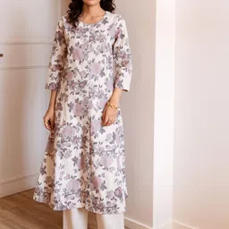 INDYES Women Floral Printed Regular Pure Cotton Kurta with Trousers-picture-37