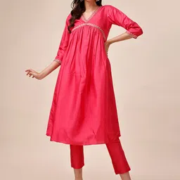 Inddus Mukaish Embroidered Yoke Design A-Line Kurta With Trousers-picture-3