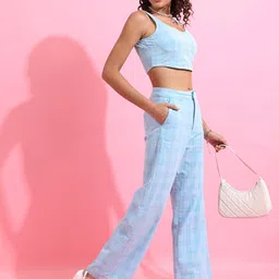Tokyo Talkies Blue Pure Cotton Checked Crop Top With Trousers-image-92