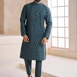 Inddus Ethnic Motifs Woven Design Mandarin Collar Kurta with Trousers-picture-14