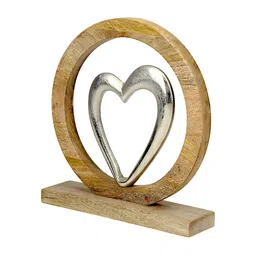 Hind Decor Brown Aluminum Heart In Wooden Circle Showpiece-image-37